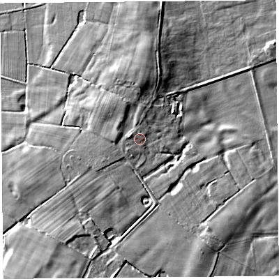 Shaded relief map of the ground around PR40UA, computed from Environment Agency LiDAR. The ground here sits at about 14 m above sea level and falls 10 m across the surrounding 800 m. Surface water reaching this point runs off ground lying to the west-north-west, 1.2 m higher.
