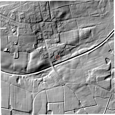 Shaded relief map of the ground around PR40UB, computed from Environment Agency LiDAR. The ground here sits at about 10 m above sea level and falls 12 m across the surrounding 800 m. Surface water reaching this point runs off ground lying to the west-north-west, 3.1 m higher.