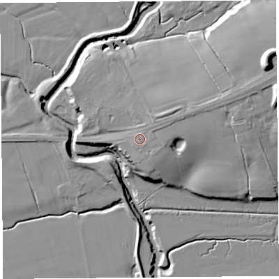 Shaded relief map of the ground around PR40XB, computed from Environment Agency LiDAR. The ground here sits at about 12 m above sea level and falls 19 m across the surrounding 800 m. Surface water reaching this point runs off ground lying to the east-north-east, 0.8 m higher.