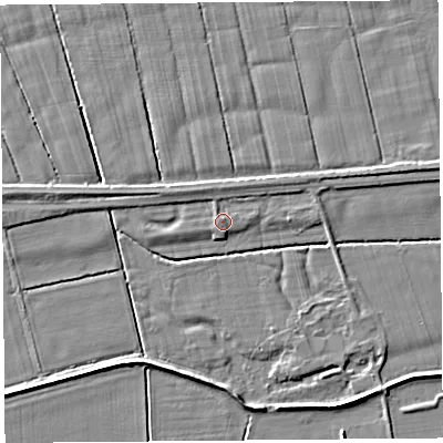 Shaded relief map of the ground around PR40XE, computed from Environment Agency LiDAR. The ground here sits at about 6 m above sea level and falls 4 m across the surrounding 800 m. Surface water reaching this point runs off ground lying to the west-north-west, 0.8 m higher.