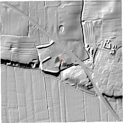Shaded relief map of the ground around PR40XL, computed from Environment Agency LiDAR. The ground here sits at about 11 m above sea level and falls 14 m across the surrounding 800 m. Surface water reaching this point runs off ground lying to the north, 4.1 m higher.