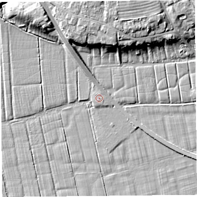 Shaded relief map of the ground around PR40XN, computed from Environment Agency LiDAR. The ground here sits at about 6 m above sea level and falls 10 m across the surrounding 800 m. The ground contributing surface water to this point lies to the east.