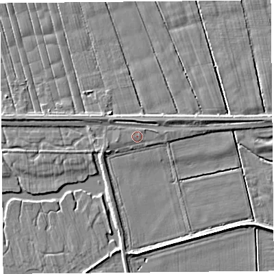 Shaded relief map of the ground around PR40XQ, computed from Environment Agency LiDAR. The ground here sits at about 6 m above sea level and falls 3 m across the surrounding 800 m. Surface water reaching this point runs off ground lying to the north-east, 0.6 m higher.