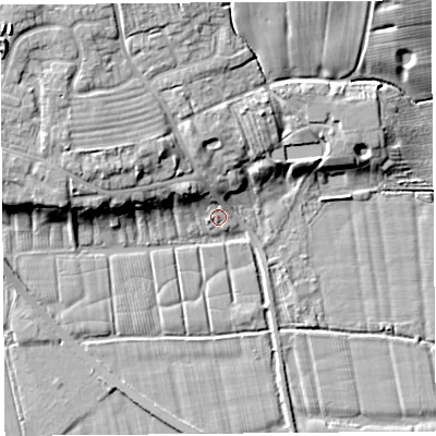 Shaded relief map of the ground around PR40YA, computed from Environment Agency LiDAR. The ground here sits at about 7 m above sea level and falls 13 m across the surrounding 800 m. Surface water reaching this point runs off ground lying to the north-north-west, 8.1 m higher.