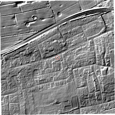 Shaded relief map of the ground around PR41AB, computed from Environment Agency LiDAR. The ground here sits at about 16 m above sea level and falls 8 m across the surrounding 800 m. Surface water reaching this point runs off ground lying to the east-south-east, 1.5 m higher.