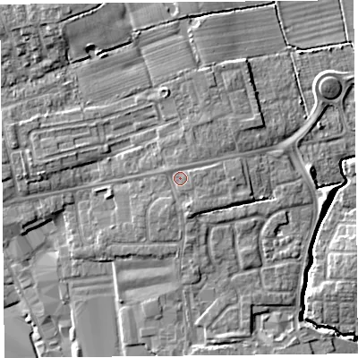 Shaded relief map of the ground around PR41AD, computed from Environment Agency LiDAR. The ground here sits at about 15 m above sea level and falls 9 m across the surrounding 800 m. Surface water reaching this point runs off ground lying to the south-south-east, 1.4 m higher.