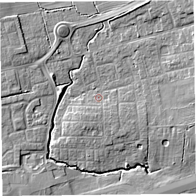 Shaded relief map of the ground around PR41AJ, computed from Environment Agency LiDAR. The ground here sits at about 13 m above sea level and falls 10 m across the surrounding 800 m. Surface water reaching this point runs off ground lying to the south-west, 1.9 m higher.