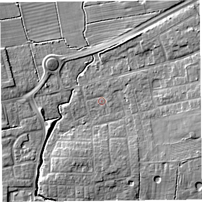 Shaded relief map of the ground around PR41AL, computed from Environment Agency LiDAR. The ground here sits at about 13 m above sea level and falls 8 m across the surrounding 800 m. Surface water reaching this point runs off ground lying to the north-north-east, 0.7 m higher.