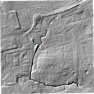 Shaded relief map of the ground around PR41AN, computed from Environment Agency LiDAR. The ground here sits at about 12 m above sea level and falls 10 m across the surrounding 800 m. Surface water reaching this point runs off ground lying to the east-north-east, 3.0 m higher.