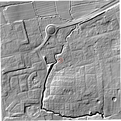 Shaded relief map of the ground around PR41AP, computed from Environment Agency LiDAR. The ground here sits at about 13 m above sea level and falls 10 m across the surrounding 800 m. Surface water reaching this point runs off ground lying to the north-east, 6.7 m higher.