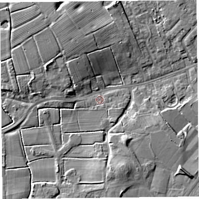Shaded relief map of the ground around PR41AY, computed from Environment Agency LiDAR. The ground here sits at about 7 m above sea level and falls 10 m across the surrounding 800 m. Surface water reaching this point runs off ground lying to the north, 6.4 m higher.