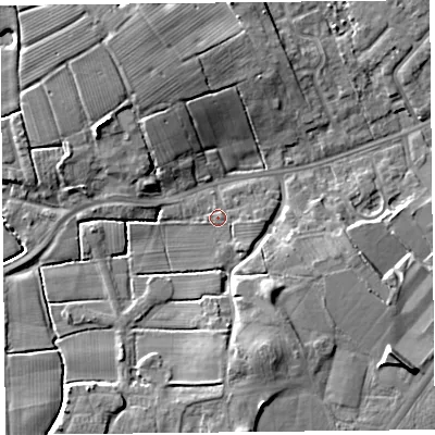 Shaded relief map of the ground around PR41BB, computed from Environment Agency LiDAR. The ground here sits at about 8 m above sea level and falls 10 m across the surrounding 800 m. Surface water reaching this point runs off ground lying to the east, 1.0 m higher.