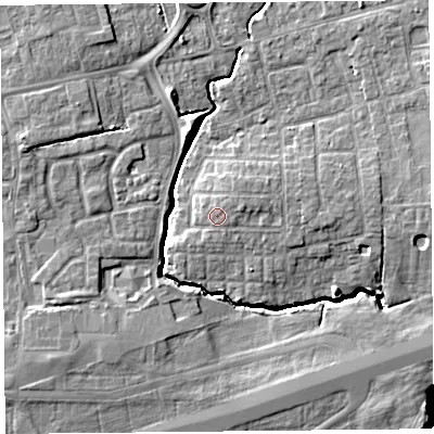 Shaded relief map of the ground around PR41DJ, computed from Environment Agency LiDAR. The ground here sits at about 13 m above sea level and falls 11 m across the surrounding 800 m. Surface water reaching this point runs off ground lying to the east-north-east, 0.8 m higher.
