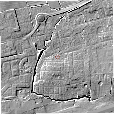 Shaded relief map of the ground around PR41DL, computed from Environment Agency LiDAR. The ground here sits at about 12 m above sea level and falls 10 m across the surrounding 800 m. Surface water reaching this point runs off ground lying to the south-south-east, 2.2 m higher.