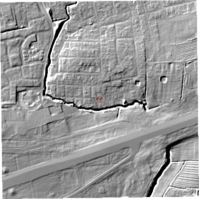 Shaded relief map of the ground around PR41DT, computed from Environment Agency LiDAR. The ground here sits at about 12 m above sea level and falls 11 m across the surrounding 800 m. Surface water reaching this point runs off ground lying to the west-south-west, 8.9 m higher.