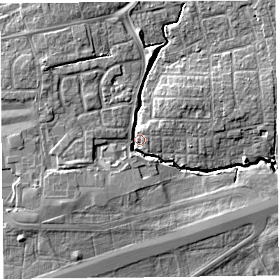 Shaded relief map of the ground around PR41EJ, computed from Environment Agency LiDAR. The ground here sits at about 12 m above sea level and falls 10 m across the surrounding 800 m. Surface water reaching this point runs off ground lying to the north-west, 7.0 m higher.