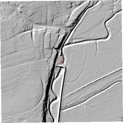 Shaded relief map of the ground around PR41HB, computed from Environment Agency LiDAR. The ground here sits at about 5 m above sea level and falls 19 m across the surrounding 800 m. Surface water reaching this point runs off ground lying to the west, 14.5 m higher.