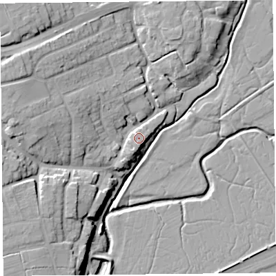 Shaded relief map of the ground around PR41HD, computed from Environment Agency LiDAR. The ground here sits at about 9 m above sea level and falls 18 m across the surrounding 800 m. Surface water reaching this point runs off ground lying to the south-south-west, 1.5 m higher.