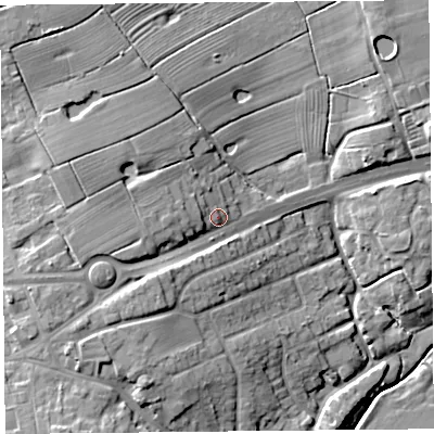 Shaded relief map of the ground around PR41HN, computed from Environment Agency LiDAR. The ground here sits at about 15 m above sea level and falls 18 m across the surrounding 800 m. Surface water reaching this point runs off ground lying to the west-south-west, 6.7 m higher.