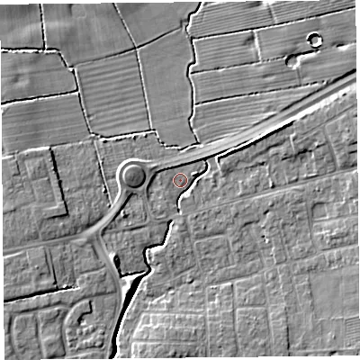 Shaded relief map of the ground around PR41LQ, computed from Environment Agency LiDAR. The ground here sits at about 12 m above sea level and falls 7 m across the surrounding 800 m. Surface water reaching this point runs off ground lying to the west, 3.4 m higher.