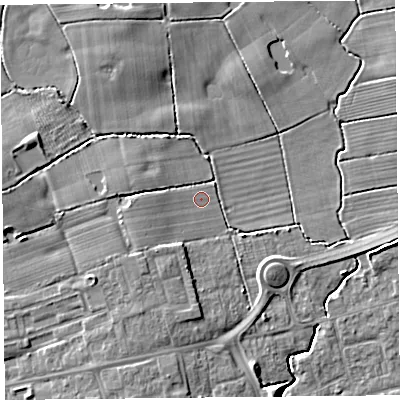 Shaded relief map of the ground around PR41LS, computed from Environment Agency LiDAR. The ground here sits at about 13 m above sea level and falls 7 m across the surrounding 800 m. Surface water reaching this point runs off ground lying to the west-south-west, 2.4 m higher.