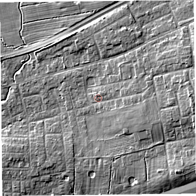 Shaded relief map of the ground around PR41RX, computed from Environment Agency LiDAR. The ground here sits at about 14 m above sea level and falls 9 m across the surrounding 800 m. Surface water reaching this point runs off ground lying to the east-south-east, 4.2 m higher.