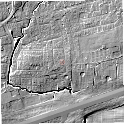 Shaded relief map of the ground around PR41SQ, computed from Environment Agency LiDAR. The ground here sits at about 14 m above sea level and falls 11 m across the surrounding 800 m. Surface water reaching this point runs off ground lying to the north-west, 0.5 m higher.