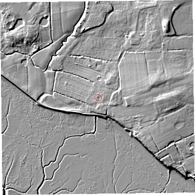 Shaded relief map of the ground around PR41SW, computed from Environment Agency LiDAR. The ground here sits at about 8 m above sea level and falls 9 m across the surrounding 800 m. Surface water reaching this point runs off ground lying to the east, 2.9 m higher.