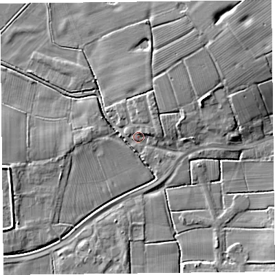 Shaded relief map of the ground around PR41TA, computed from Environment Agency LiDAR. The ground here sits at about 7 m above sea level and falls 10 m across the surrounding 800 m. Surface water reaching this point runs off ground lying to the east-north-east, 2.4 m higher.