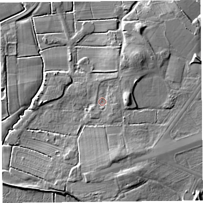 Shaded relief map of the ground around PR41TB, computed from Environment Agency LiDAR. The ground here sits at about 8 m above sea level and falls 9 m across the surrounding 800 m. Surface water reaching this point runs off ground lying to the north-east, 2.5 m higher.