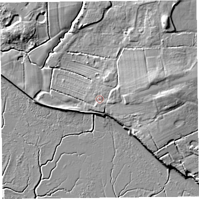 Shaded relief map of the ground around PR41TD, computed from Environment Agency LiDAR. The ground here sits at about 8 m above sea level and falls 9 m across the surrounding 800 m. Surface water reaching this point runs off ground lying to the east, 3.1 m higher.