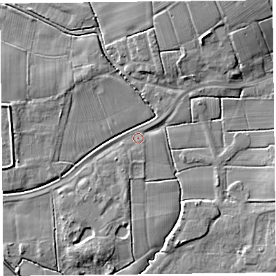 Shaded relief map of the ground around PR41TE, computed from Environment Agency LiDAR. The ground here sits at about 6 m above sea level and falls 10 m across the surrounding 800 m. Surface water reaching this point runs off ground lying to the east, 1.1 m higher.