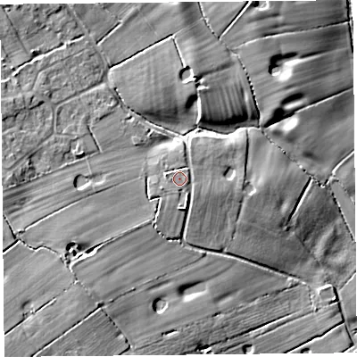 Shaded relief map of the ground around PR41TS, computed from Environment Agency LiDAR. The ground here sits at about 18 m above sea level and falls 16 m across the surrounding 800 m. Surface water reaching this point runs off ground lying to the west-north-west, 0.8 m higher.