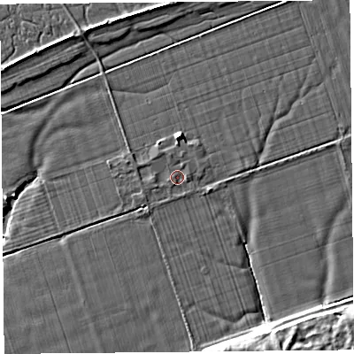 Shaded relief map of the ground around PR41TT, computed from Environment Agency LiDAR. The ground here sits at about 4 m above sea level and falls 7 m across the surrounding 800 m. Surface water reaching this point runs off ground lying to the north-north-west, 0.9 m higher.