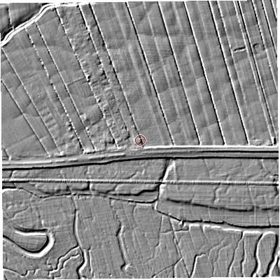 Shaded relief map of the ground around PR41TU, computed from Environment Agency LiDAR. The ground here sits at about 6 m above sea level and falls 3 m across the surrounding 800 m. Surface water reaching this point runs off ground lying to the east-south-east, 1.0 m higher.