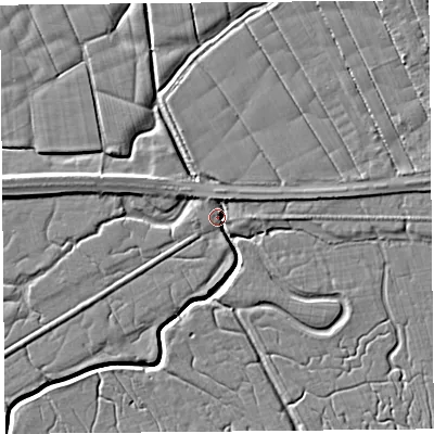 Shaded relief map of the ground around PR41TX, computed from Environment Agency LiDAR. The ground here sits at about 5 m above sea level and falls 5 m across the surrounding 800 m. Surface water reaching this point runs off ground lying to the east, 3.7 m higher.