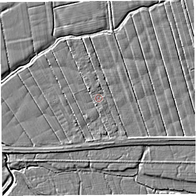 Shaded relief map of the ground around PR41UD, computed from Environment Agency LiDAR. The ground here sits at about 5 m above sea level and falls 4 m across the surrounding 800 m. Surface water reaching this point runs off ground lying to the north-west, 1.5 m higher.