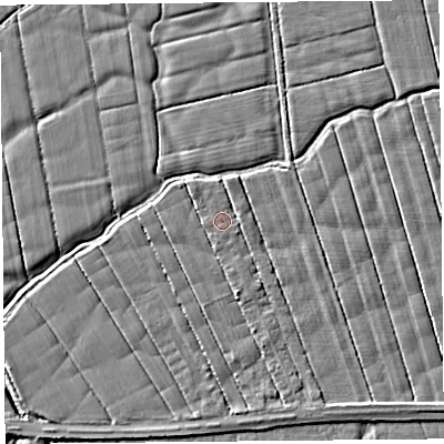 Shaded relief map of the ground around PR41UE, computed from Environment Agency LiDAR. The ground here sits at about 5 m above sea level and falls 3 m across the surrounding 800 m. The ground contributing surface water to this point lies to the south-south-west.
