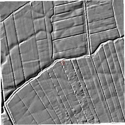 Shaded relief map of the ground around PR41UG, computed from Environment Agency LiDAR. The ground here sits at about 6 m above sea level and falls 3 m across the surrounding 800 m. Surface water reaching this point runs off ground lying to the south-east, 1.6 m higher.