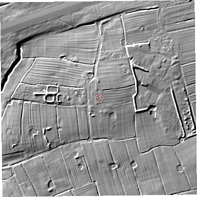 Shaded relief map of the ground around PR41UH, computed from Environment Agency LiDAR. The ground here sits at about 15 m above sea level and falls 14 m across the surrounding 800 m. Surface water reaching this point runs off ground lying to the east-north-east, 4.7 m higher.
