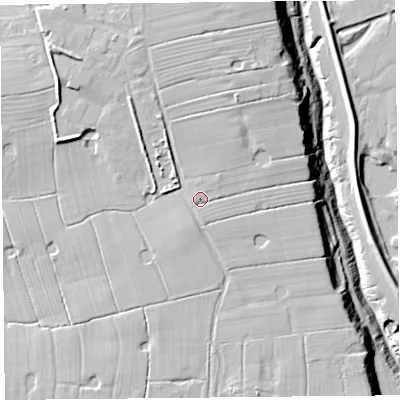 Shaded relief map of the ground around PR41UN, computed from Environment Agency LiDAR. The ground here sits at about 16 m above sea level and falls 20 m across the surrounding 800 m. Surface water reaching this point runs off ground lying to the north-east, 1.2 m higher.
