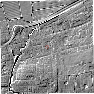 Shaded relief map of the ground around PR41UP, computed from Environment Agency LiDAR. The ground here sits at about 13 m above sea level and falls 9 m across the surrounding 800 m. Surface water reaching this point runs off ground lying to the north-north-east, 1.7 m higher.