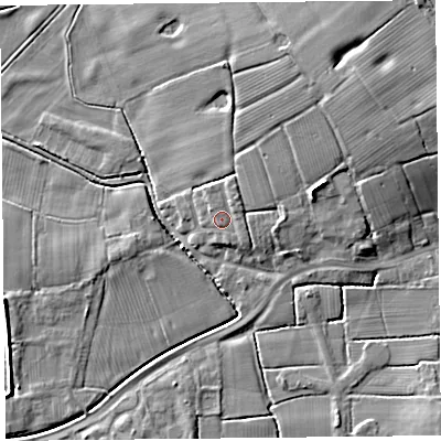 Shaded relief map of the ground around PR41UQ, computed from Environment Agency LiDAR. The ground here sits at about 9 m above sea level and falls 10 m across the surrounding 800 m. Surface water reaching this point runs off ground lying to the north-east, 1.9 m higher.