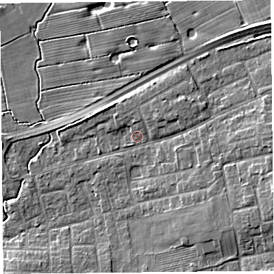Shaded relief map of the ground around PR41XB, computed from Environment Agency LiDAR. The ground here sits at about 14 m above sea level and falls 9 m across the surrounding 800 m. Surface water reaching this point runs off ground lying to the east, 2.6 m higher.