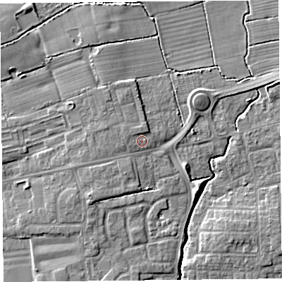 Shaded relief map of the ground around PR41XD, computed from Environment Agency LiDAR. The ground here sits at about 15 m above sea level and falls 8 m across the surrounding 800 m. Surface water reaching this point runs off ground lying to the west-north-west, 1.2 m higher.