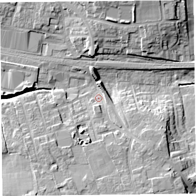 Shaded relief map of the ground around PR42HD, computed from Environment Agency LiDAR. The ground here sits at about 17 m above sea level and falls 17 m across the surrounding 800 m. Surface water reaching this point runs off ground lying to the south-south-east, 7.8 m higher.