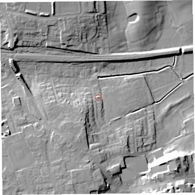 Shaded relief map of the ground around PR42HJ, computed from Environment Agency LiDAR. The ground here sits at about 15 m above sea level and falls 19 m across the surrounding 800 m. Surface water reaching this point runs off ground lying to the south-south-west, 9.6 m higher.