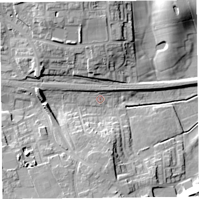 Shaded relief map of the ground around PR42HL, computed from Environment Agency LiDAR. The ground here sits at about 14 m above sea level and falls 18 m across the surrounding 800 m. Surface water reaching this point runs off ground lying to the west-north-west, 3.5 m higher.