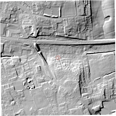 Shaded relief map of the ground around PR42HR, computed from Environment Agency LiDAR. The ground here sits at about 15 m above sea level and falls 17 m across the surrounding 800 m. Surface water reaching this point runs off ground lying to the south, 7.6 m higher.