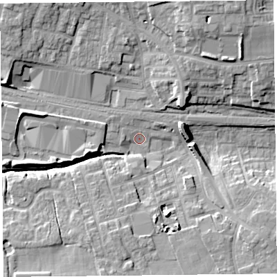 Shaded relief map of the ground around PR42HU, computed from Environment Agency LiDAR. The ground here sits at about 16 m above sea level and falls 15 m across the surrounding 800 m. Surface water reaching this point runs off ground lying to the west-south-west, 7.0 m higher.